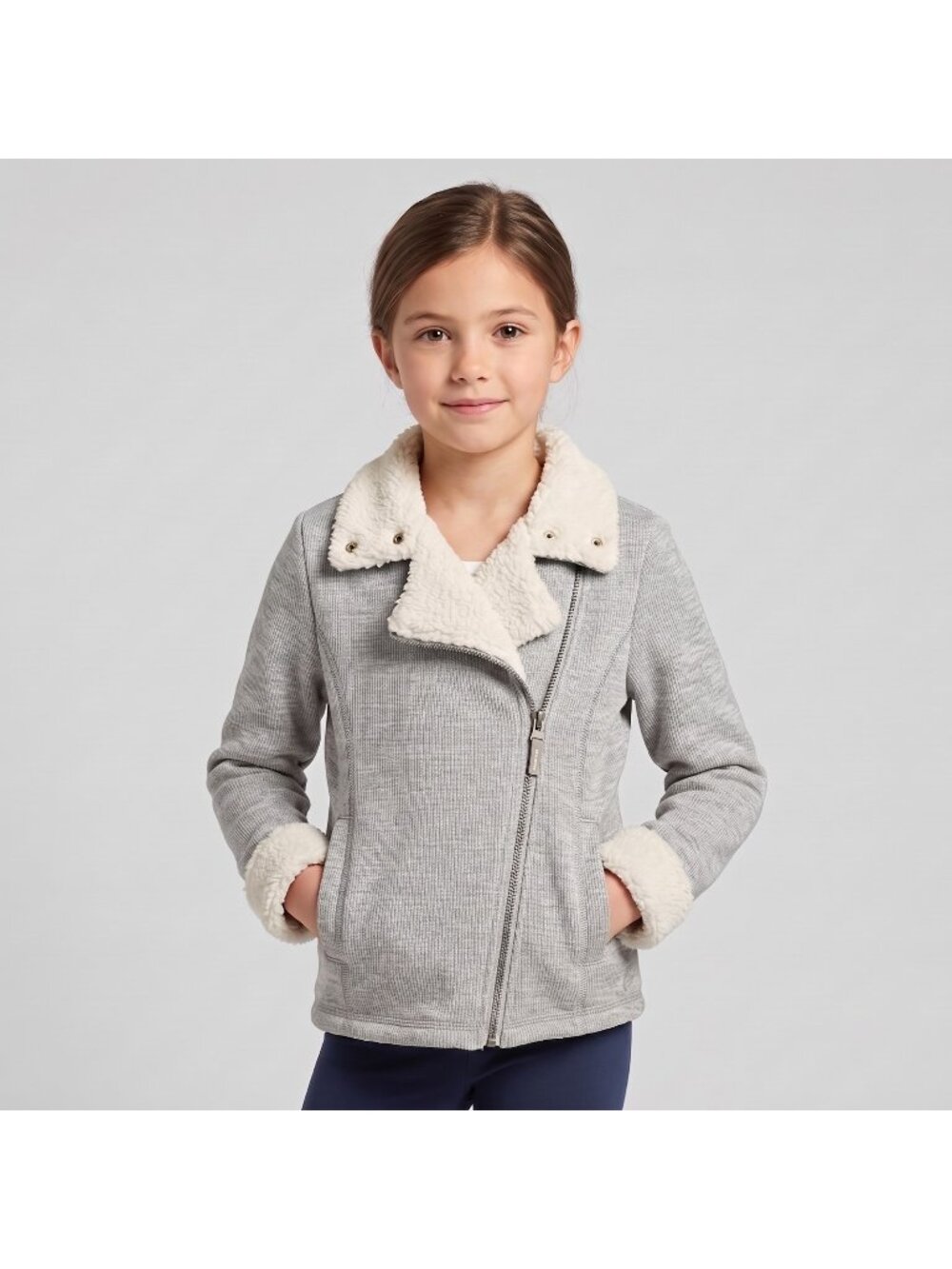 Bench Girl's Gray Sherpa Fleece Lined Moto Jacket Full Zip Sweater in size 9-10